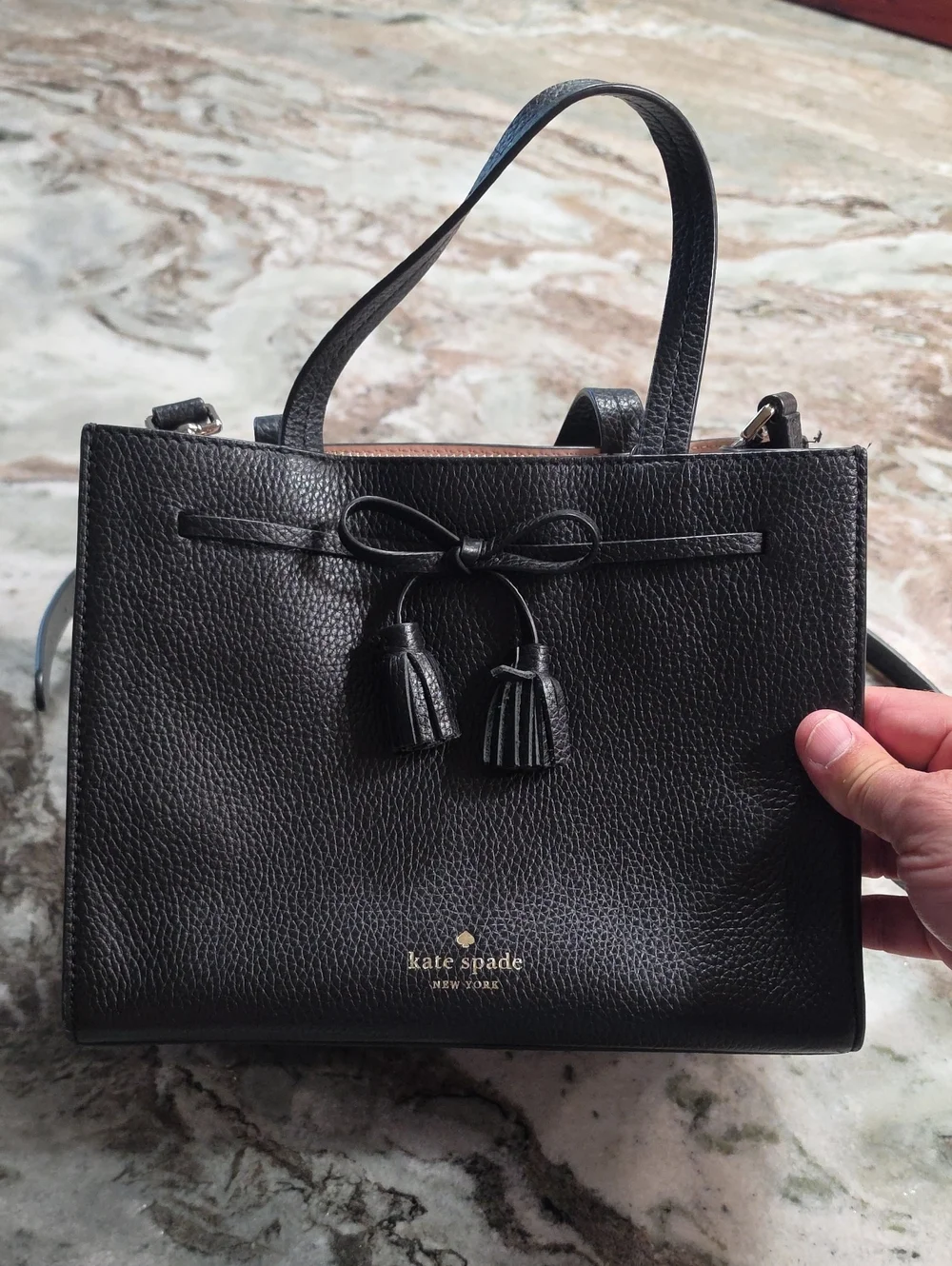 kate spade Black Pebbled Leather Satchel with Bow and Tassels